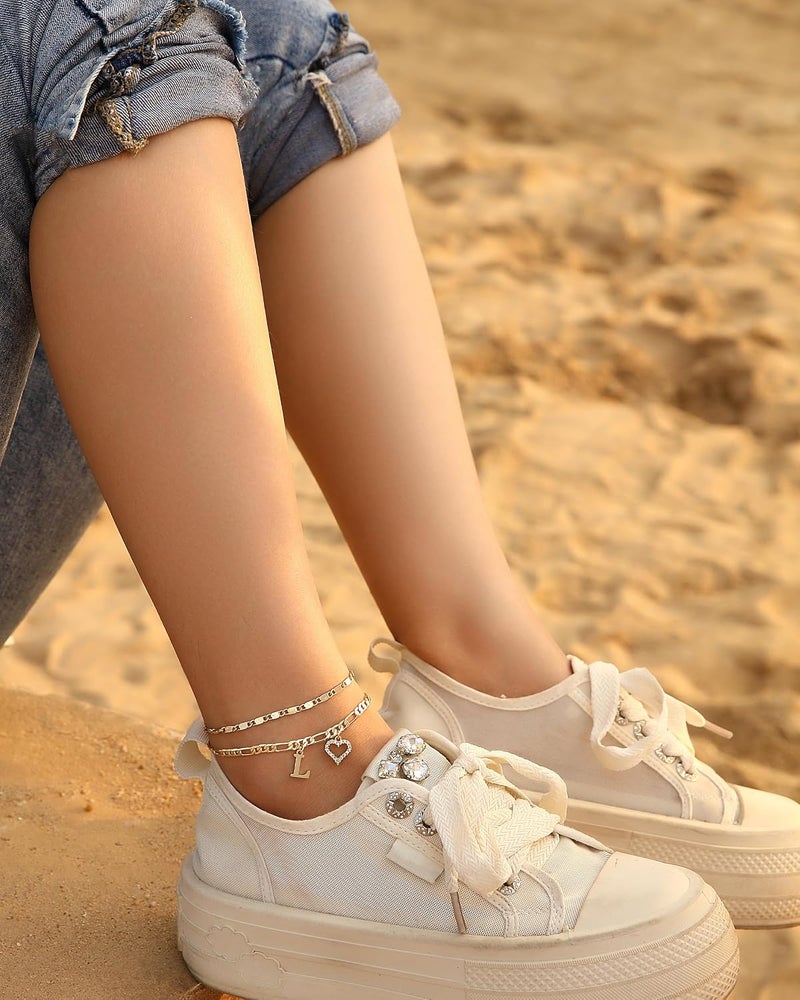 Wremily Initial Ankle Bracelets for Women Waterproof 14K Gold Plated Dainty Layered Figaro Chain Letter Initial CZ Heart Ankle Bracelets Set Summer Beach Jewelry for Women - Image 4